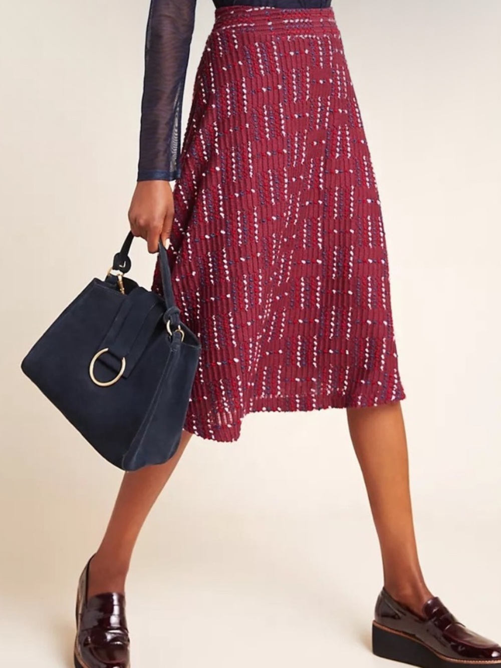 Maeve Anthro Anisa Textured Knit Midi Skirt Lined Burgundy Small